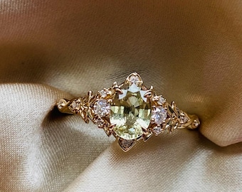 Eowen Sage Green Sapphire Diamond Engagement Ring Gold. Fantasy inspired diamond engagement ring. Whimsical Fairytale Ring