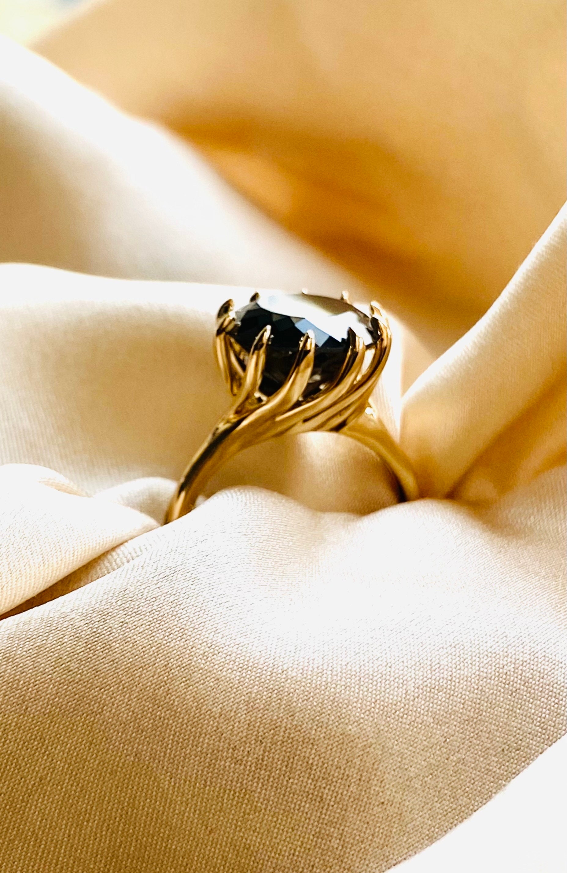 Disco ball black moissanite cocktail gold ring. Large sparkling round moissanite ring. Eidelpresious Chrysanthemum design