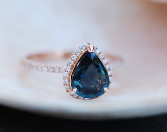 Rose Gold Engagement Ring Peacock Blue Green Sapphire 2ct pear cut halo engagement ring 14k rose gold ring Eidelprecious