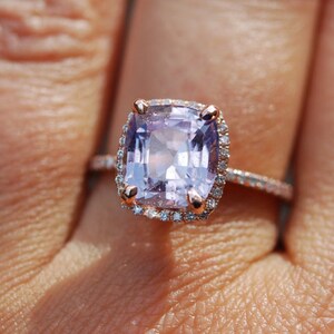 Lavender sapphire ring 4.4ct unheated sapphire halo diamond ring 14k rose gold engagement ring