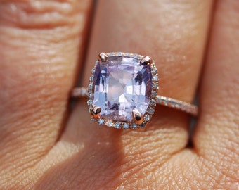 Lavender sapphire ring 4.4ct unheated sapphire halo diamond ring 14k rose gold engagement ring