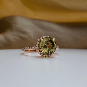 Olive green sapphire ring Round halo engagement ring rose gold Classic engagement ring with natural green sapphire diamonds Eidelprecious image 1