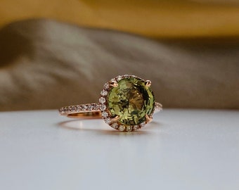 Olive green sapphire ring Round halo engagement ring rose gold Classic engagement ring with natural green sapphire diamonds Eidelprecious