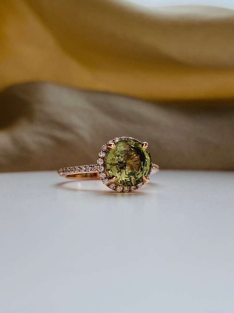 Olive green sapphire ring Round halo engagement ring rose gold Classic engagement ring with natural green sapphire diamonds Eidelprecious image 1