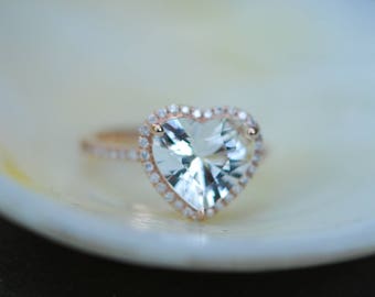 Heart Engagement ring. Heart sapphire engagement ring. Diamond heart ring. White sapphire 14k rose gold diamond ring engagement ring