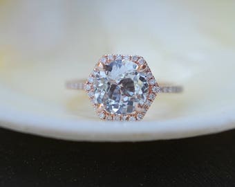 Hexagon Engagement Ring. White Sapphire Ring. 14k Rose Gold 2.2ct Round sapphire engagement ring by Eidelpresious