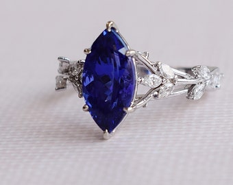 Marquise engagement ring. Tanzanite ring white gold. Tanzanite and diamond vine ring. Unique Marquise engagement ring. OOAK cluster ring.