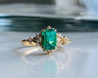 Dela Emerald Gold Ring. Fairytale Fantasy ring. 14k yellow Gold moissanite engagement ring. Unique promise ring by Eidelprecious