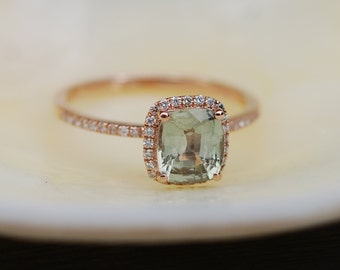 Jasmine green sapphire ring. Square cushion diamond ring. 14k rose gold ring engagement ring by Eidelprecious.