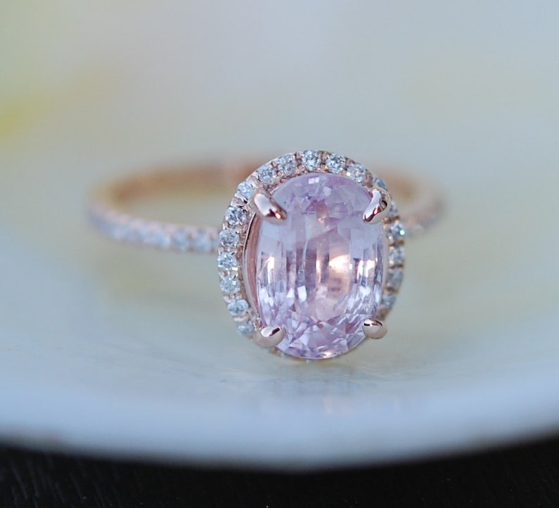 Oval engagement ring with peach sapphire rose gold engagement ring 14k diamond 2.94ct Oval raspberry peach champagne sapphire image 2