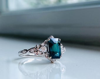 Arwen radiant deep teal blue sapphire ring. Fantasy Elvish Engagement ring, 14k white Gold diamond cluster ring. Romantic fantasy ring.