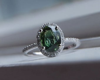 Forest Green Sapphire engagement ring. Diamond Ring 14k white gold ring. Halo engagement ring. Deep green sapphire ring by Eidelprecious