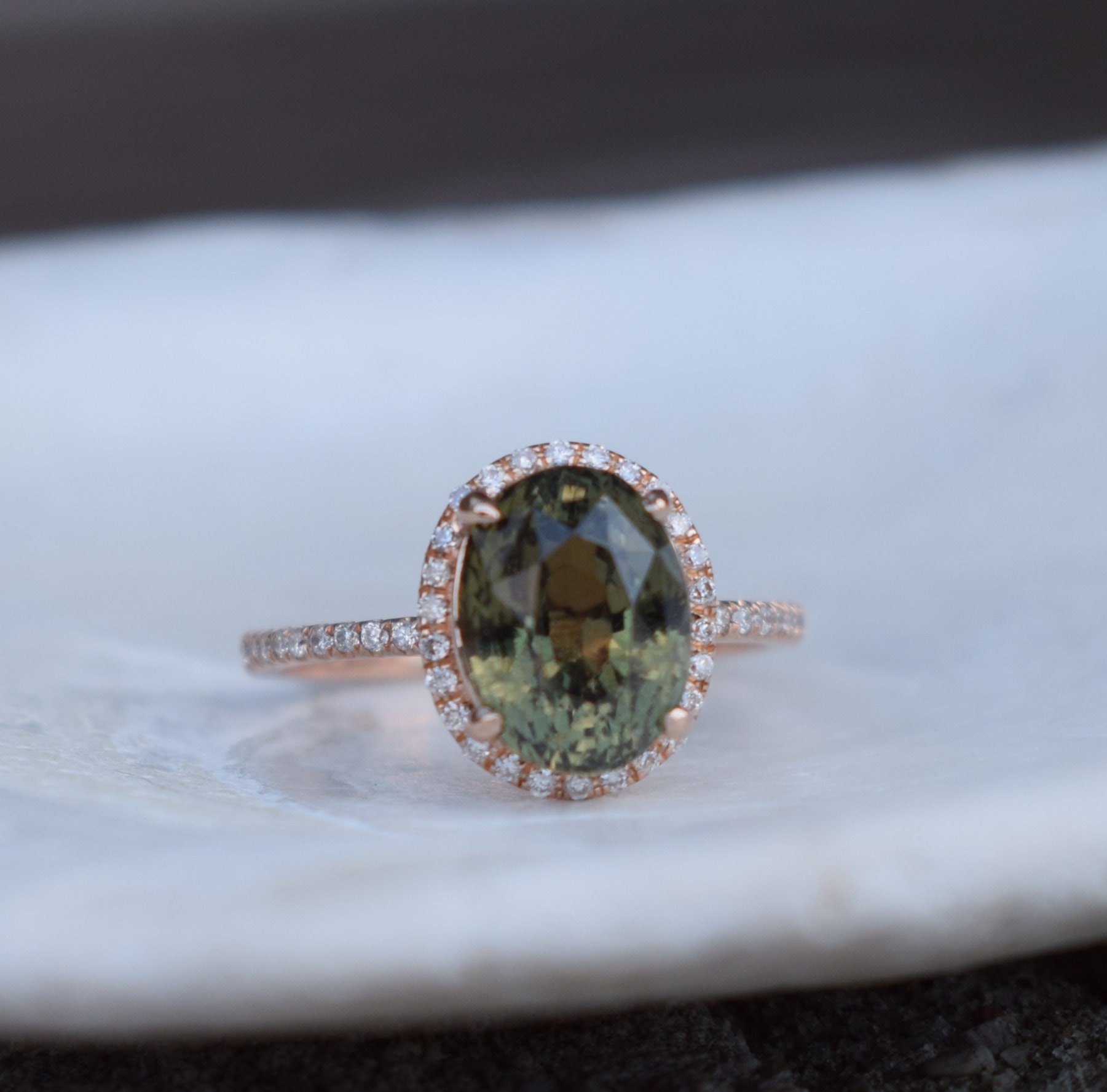 Olive Green sapphire engagement ring. Rose Gold Engagement ring. Green ...