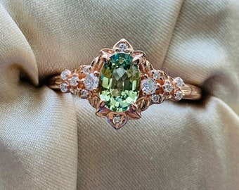 Arwen Spring green sapphire and diamond engagement ring in gold. Cluster, multi-stone, statement ring. Fantasy alternative ring