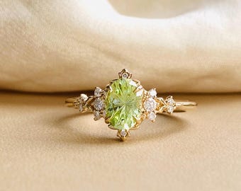 Linden Green Sapphire Engagement Ring, 1.5ct Starburst Fantasy Cut, Renaissance Fair Ring, 14k Gold