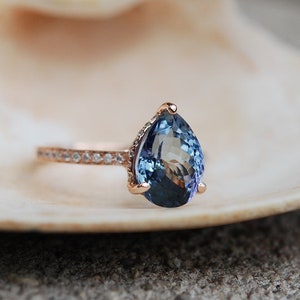 Lavender Tanzanite Engagement Ring: 3.5ct Pear Cut, 14k Rose Gold Diamond Setting