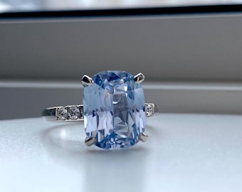 Cushion Ice Blue Sapphire Engagement Ring. 6ct Light Blue Sapphire White Gold Ring with diamonds. Statement sapphire ring. Right hand ring.