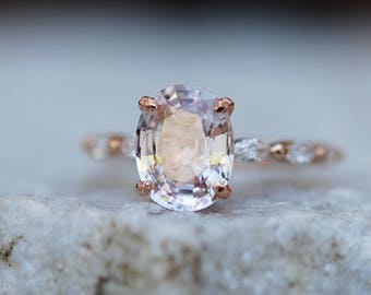 Peach sapphire and diamonds engagement ring in rose gold. Pink sapphire ring, marquise engagement ring by Eidelprecious