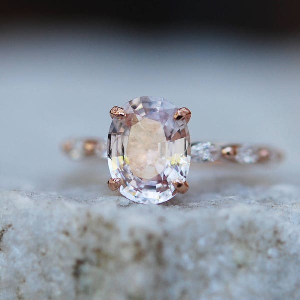 Peach sapphire and diamonds engagement ring in rose gold. Pink sapphire ring, marquise engagement ring by Eidelprecious