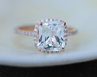 White Sapphire Ring 14k Rose Gold Diamond Engagement Ring  2.2ct Square Cushion Ice sapphire ring by Eidelprecious