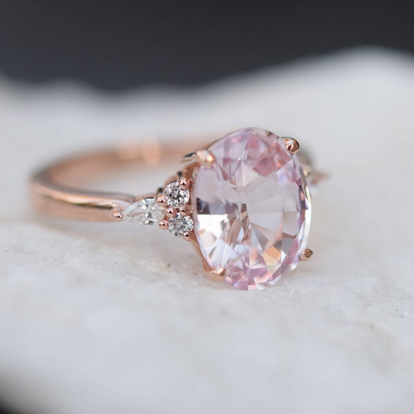 Blush pink sapphire engagement ring. Light peach pink sapphire oval diamond ring 14k Rose gold ring Campari Engagement ring by Eidelprecious