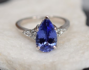 Platinum Tanzanite Ring. White Gold Tanzanite Engagement Ring 3.3ct Lavender Blue Tanzanite pear cut Campari design by Eidelprecious.