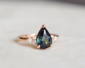 Peacock sapphire ring. Rose Gold Engagement Ring Teal Sapphire pear cut Campari engagement ring 14k rose gold ring by Eidelprecious