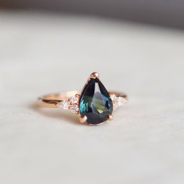 Peacock Sapphire Ring: Pear Cut Rose Gold Engagement Ring