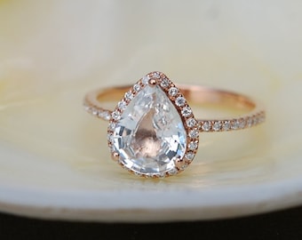 Rose gold ring Pear Sapphire 1.23ct white sapphire diamond ring 14k rose gold. Engagement ring by Eidelprecious