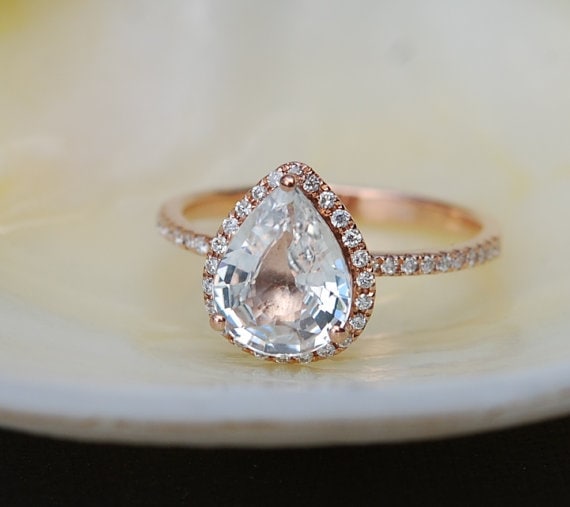 Pear Sapphire Engagement Ring: 1.23ct White Sapphire, 14k Rose Gold