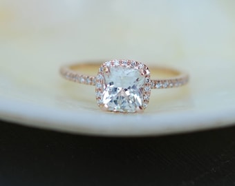 White sapphire engagement ring 14k rose gold diamond ring 2.2ct cushion sapphire ring by Eidelprecious