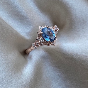 Arwen Blue Sapphire Engagement Ring: 14k Rose Gold Diamond Elvish Ring