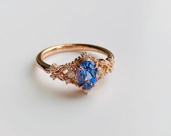 Greta Blue sapphire ring gold. Whimsical Engagement Ring. Fantasy sapphire diamond ring Enchanted floral butterfly ring by EidelPrecios