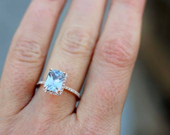 PLAT-Emerald cut engagement ring. Aqua blue sapphire engagement ring. Radiant emerald cut blue sapphire ring diamond ring 14k Rose gold ring