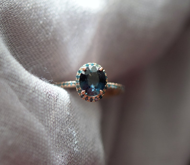 Blue Green sapphire ring. Peacock engagement ring. Oval Teal sapphire ring. 14k Rose gold engagement ring by Eidelprecious image 5