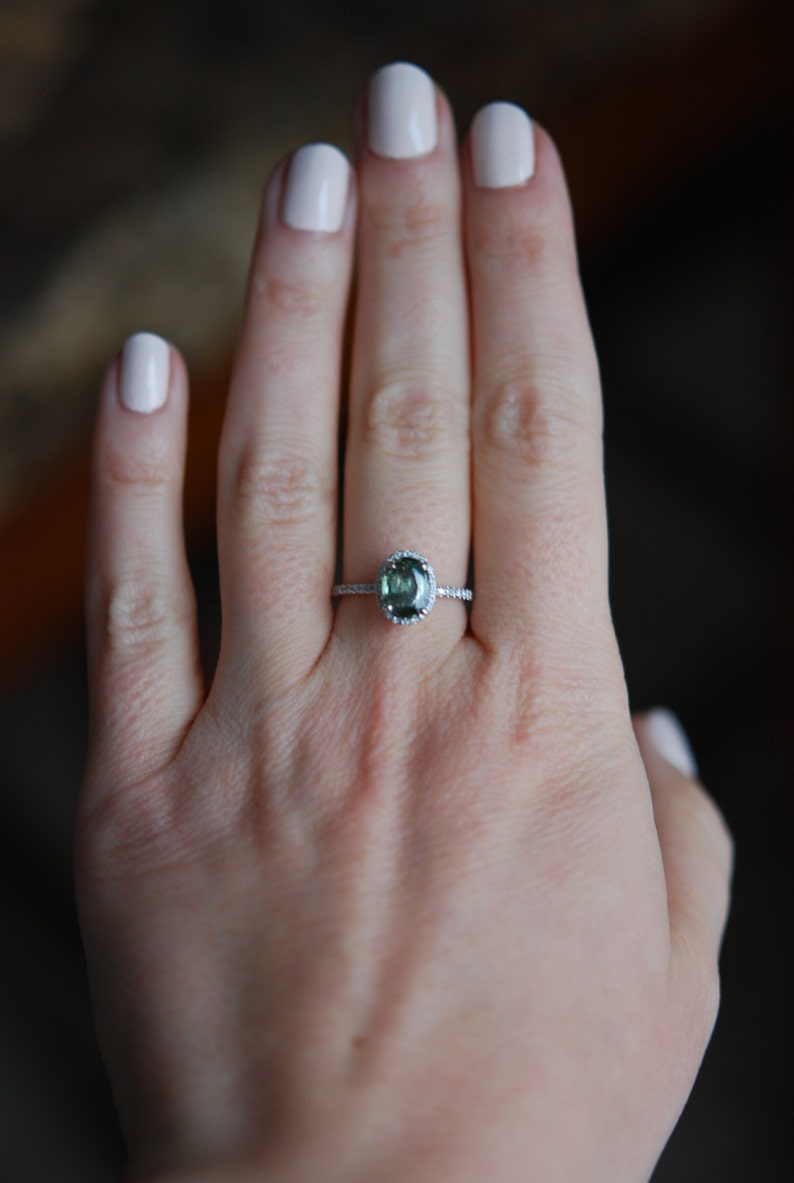 Green Sapphire Engagement Ring. Diamond Ring. 14k white gold Etsy