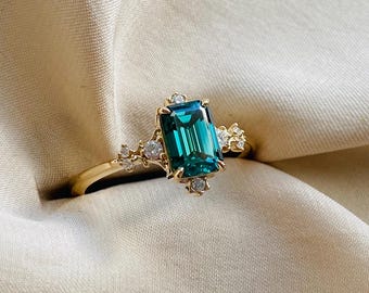 Elvira teal sapphire ring gold. Enchanted emerald cut blue green  sapphire Fantasy ring. Whimsical 14k gold engagement ring by Eidelprecious