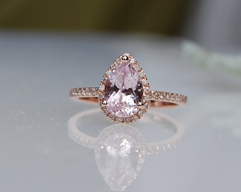Natural Ice Peach Sapphire Engagement Ring. Pear cut sapphire halo ring 14k rose gold. Pear diamond halo pave engagement ring Eidelprecious
