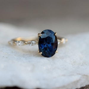 Peacock sapphire ring. Blue green sapphire engagement ring. Peacock blue sapphire oval diamond ring. Godivah ring. Yellow gold ring. image 1