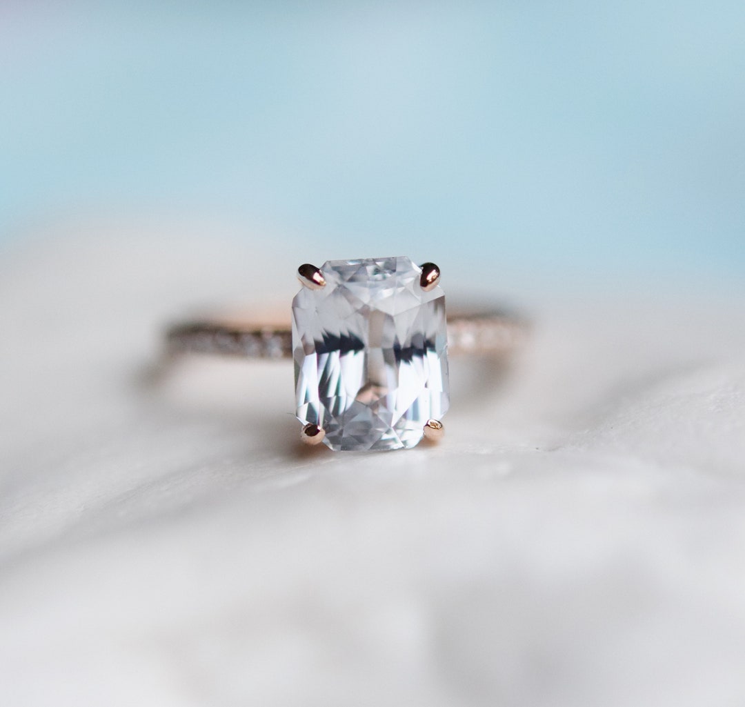 White Sapphire Engagement Ring Radiant Cut White Sapphire Ring Etsy