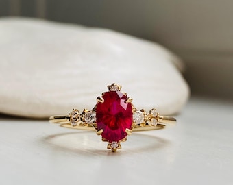 Red Velvet Ruby Engagement Ring, 14k Gold, July Birthstone Ring, Nature Inspired Elvira