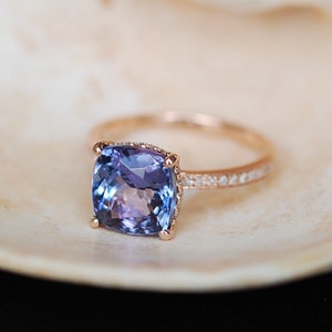 Cushion Tanzanite Ring: Rose Gold Diamond Engagement Ring