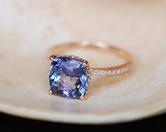 Tanzanite Ring. Rose Gold Engagement Ring Lavender Blue Tanzanite cushion engagement ring 14k rose gold ring Eidelprecious.
