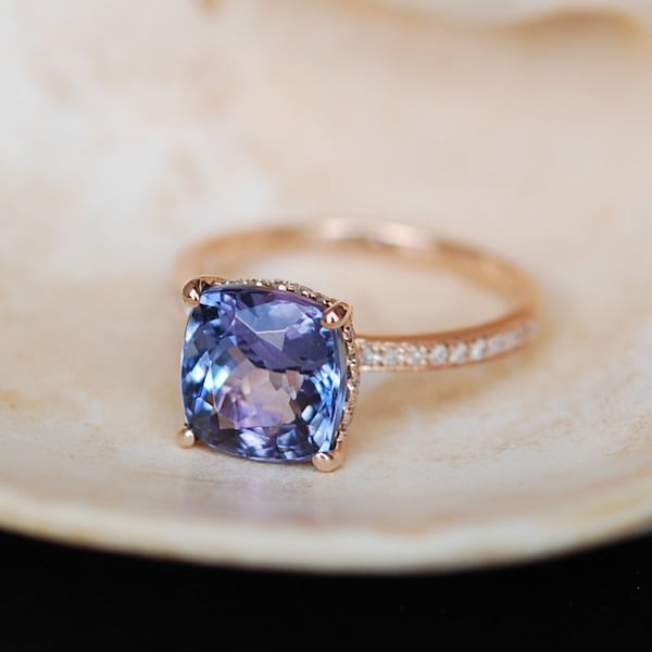 Cushion Tanzanite Ring: Rose Gold Diamond Engagement Ring