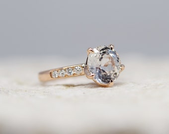 Plat upgrade - One of a kind Engagement Ring. White Sapphire Ring. 5 prong ring. 14k Rose Gold 3.16ct Round sapphire engagement ring