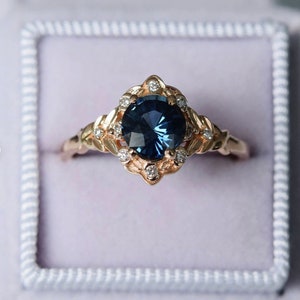 Vintage inspired Blue Sapphire Engagement Ring Round Sapphire Ring 14k Rose Gold, Multi Stone Ring Unique Sapphire Ring Elegant Vintage Ring image 1