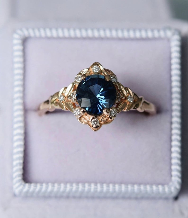 Vintage inspired Blue Sapphire Engagement Ring Round Sapphire Ring 14k Rose Gold, Multi Stone Ring Unique Sapphire Ring Elegant Vintage Ring image 1