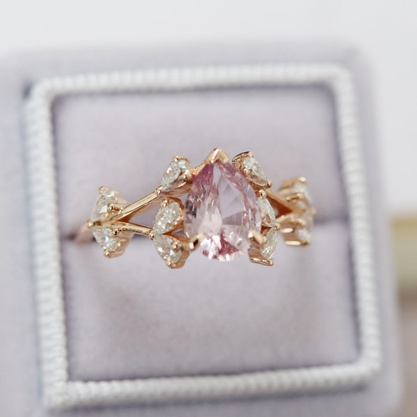 Butterfly meadow Peach sapphire engagement ring in 14k rose Gold. Cluster Engagement ring. Sapphire ring by Eidelprecious.