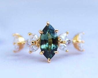 Rosemary green sapphire ring engagement marquise green sapphire ring boho wedding Cluster floral engagement ring gold