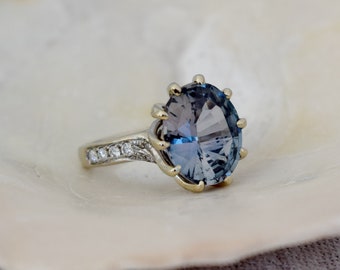 One of a kind Engagement Ring. Grey Blue Green Sapphire Ring. 14k White Gold 5ct sapphire engagement ring by Eidelpresious